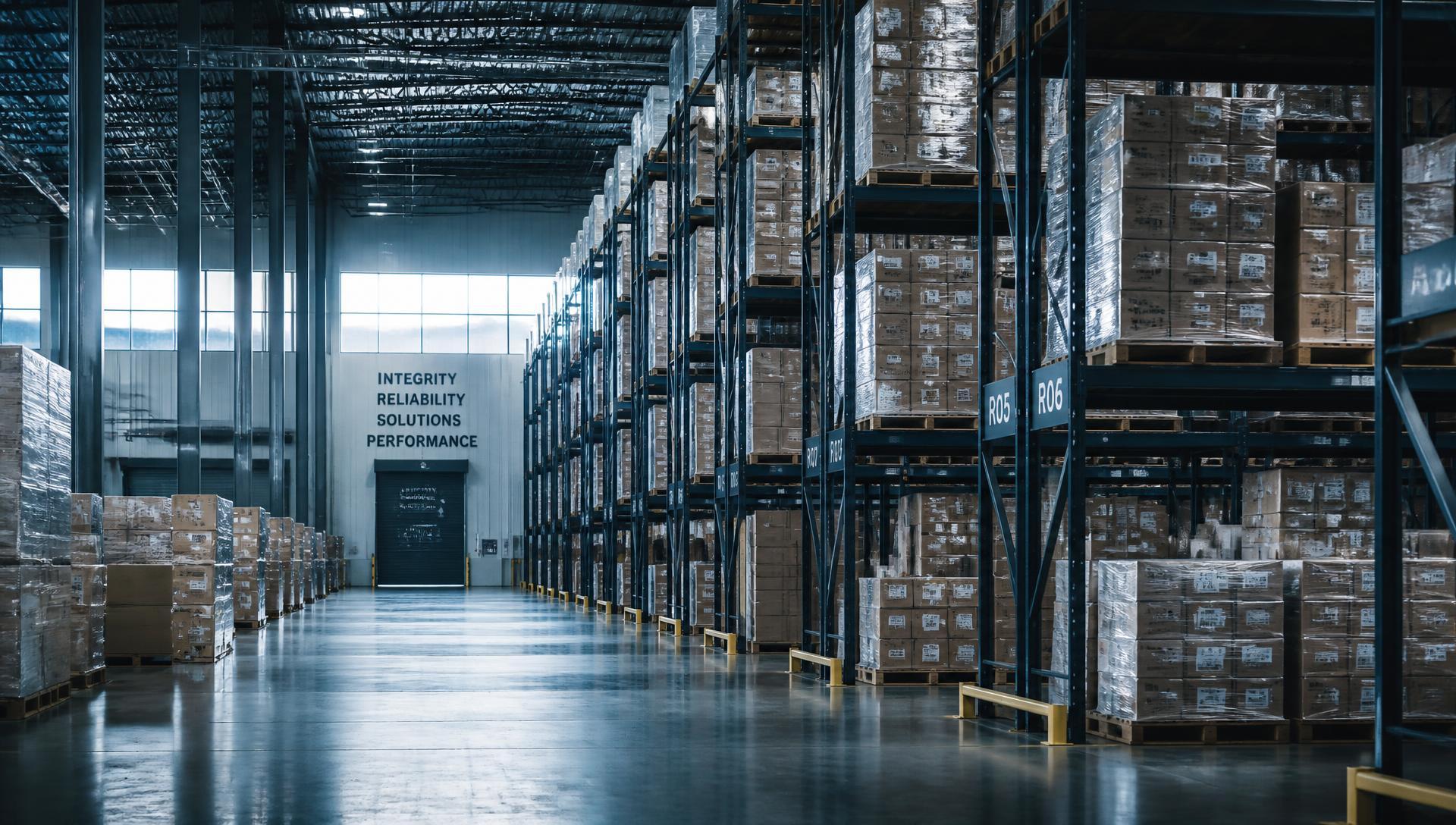 Wholesale distribution warehouse with palletized inventory on steel racking